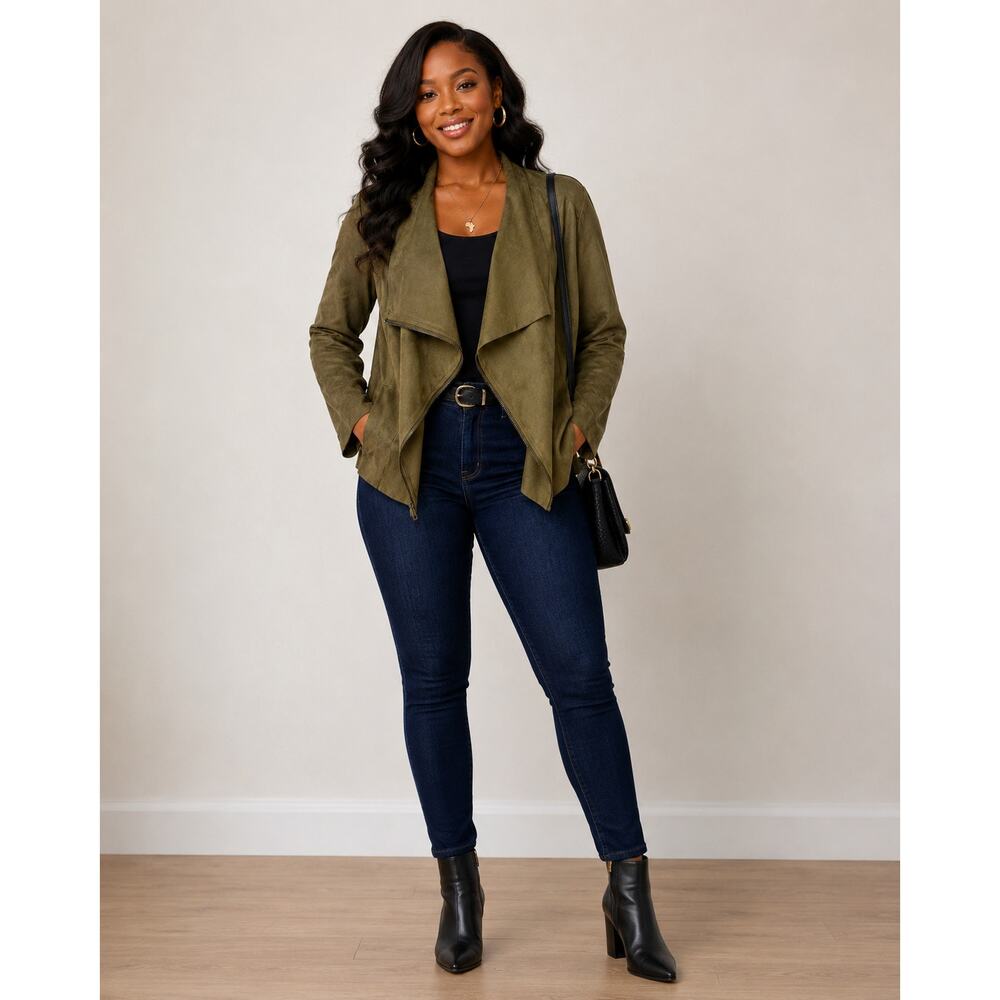 NWT Kori America Womens Faux Suede Asymmetric Full Zip Jacket w/ Pockets Size L